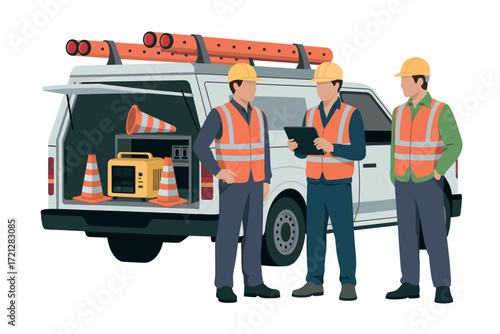 Team of construction workers in safety vests and hard hats standing by a service van with equipment ready for work on a project