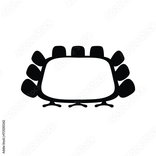 Black and white illustration of a conference table with many chairs around