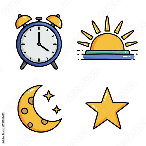 Collection of Digital detox themed icons, including Clock, Sunrise, Moon, Star