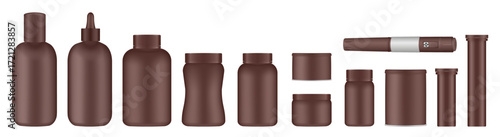 Set of medical pill bottles. Brown jar with lid. Plastic medicine container. 3d mockup of a packaging for pharmacy. Effervescent tablet tubes, insulin pen	