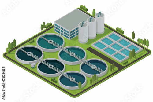 Modern water treatment plant facility featuring circular settling tanks solar panels and industrial buildings for clean water production and wastewater management