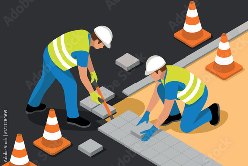 Construction workers in high-visibility vests repairing road with safety cones and asphalt providing essential infrastructure maintenance services for urban development projects