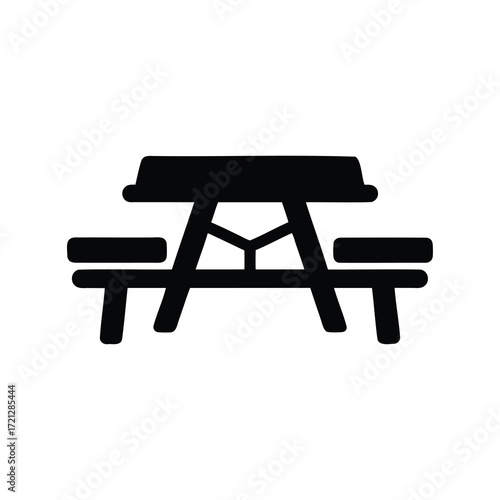 A picnic table illustration in black and white with simplistic design