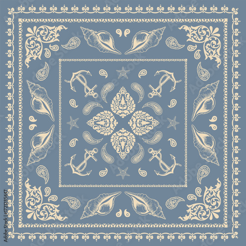 scarf and shawl pattern design. Scarves with flower and sea item combination ornament, beach festival print