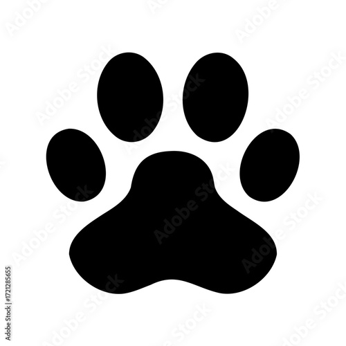 Simple black and white image depicting a single paw print on white