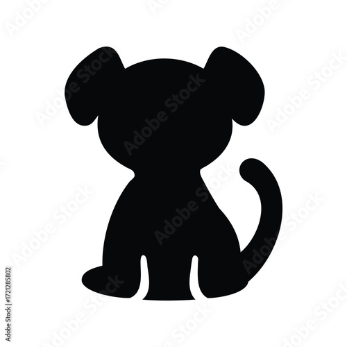 Silhouette illustration of a cute puppy sitting with floppy ears and curled tail