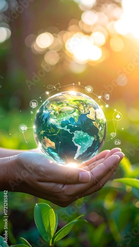 A glass Earth in hands amidst nature