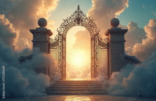 Ornate iron gates stand open, framing radiant sunlit sky filled with clouds. Stone pillars, steps ascend towards entrance, passage to paradise. Ethereal scene evokes spiritual hope, ascension,