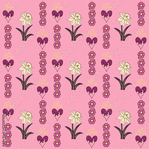 seamless floral pattern, Seamless pattern featuring yellow daffodils (Narcissus pseudonarcissus) and stylized, ornate hearts in purple with flame-like details