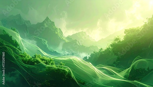 Green Misty Mountain Landscape Illustration