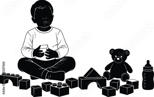 Child playing with blocks and toys, baby silhouette vector illustration for nursery and early childhood design