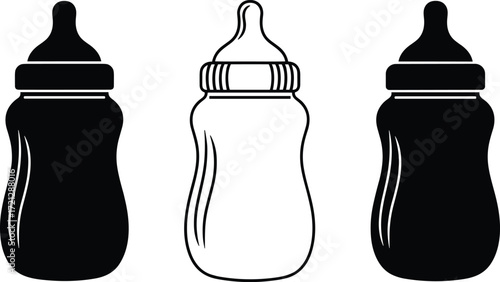 Baby bottle silhouette set, infant feeding containers vector illustration for parenting and nursery design
