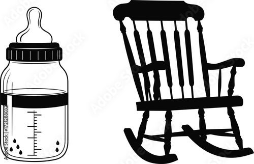 Baby bottle and rocking chair silhouette, nursery essentials vector illustration, parenting and childcare design