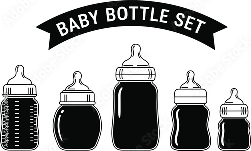 Baby bottle set silhouette collection, infant feeding containers vector illustration for parenting and nursery design