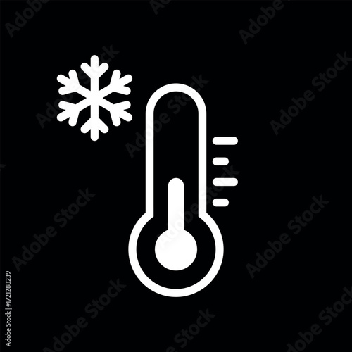Cold Temperature, Keep Frozen Label, White Thermometer with Snowflake Icon Vector Illustration on Black Background. Cold Weather Flat Sign Inversion. Storage in Refrigerator and Freezer.	