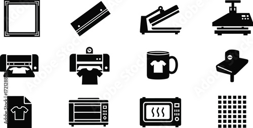 Screen printing equipment and tools vector icon set design