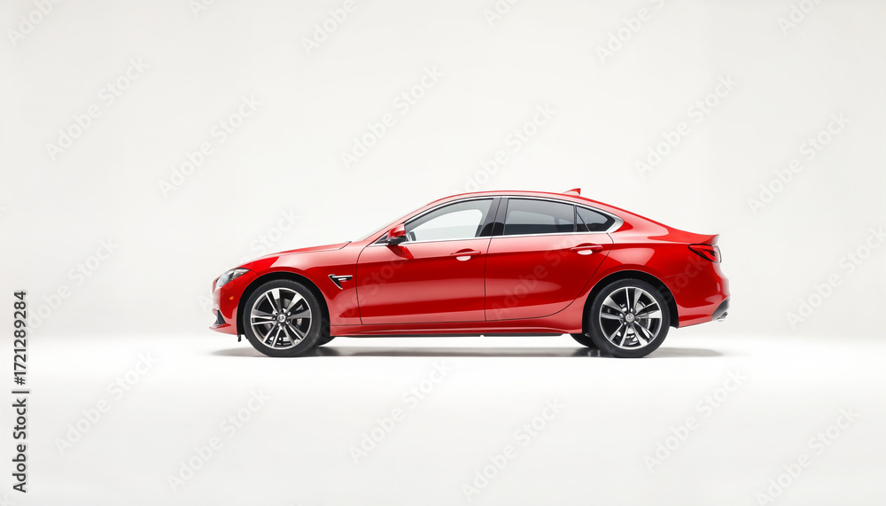 Fototapeta premium Red luxury sedan showcased against a neutral background 