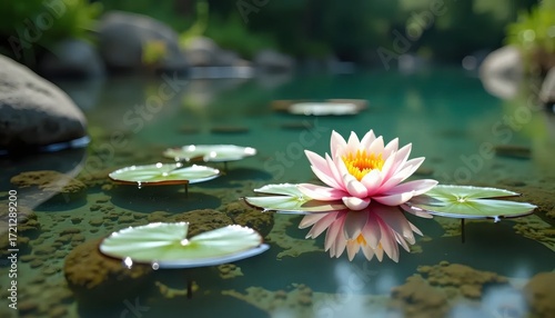A pink water lily floating on top of a body of water.