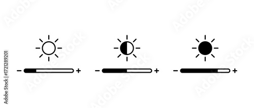 Brightness control icon set. Screen light adjustment symbol