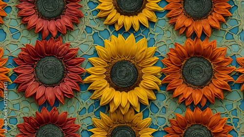 Modern seamless sunflower pattern with vibrant colors and strong outline