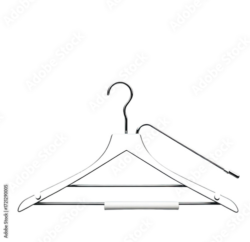 White wooden coat hanger with pants bar, studio shot, black background, clothing retail