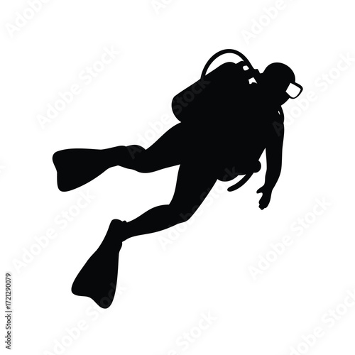 Silhouette of scuba diver swimming underwater with full gear and flippers
