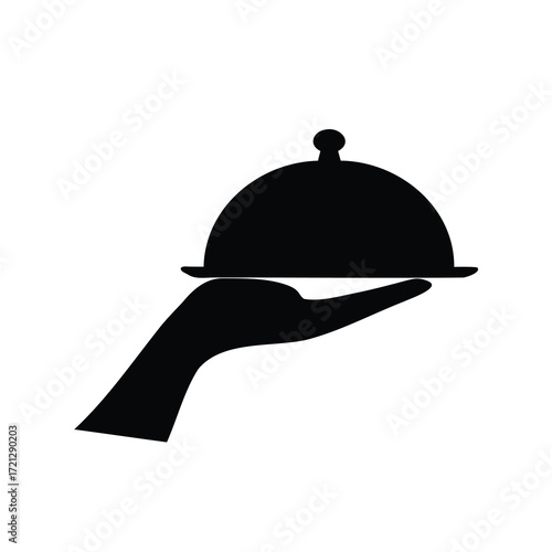 Elegant black and white silhouette of a server's hand holding a covered dish