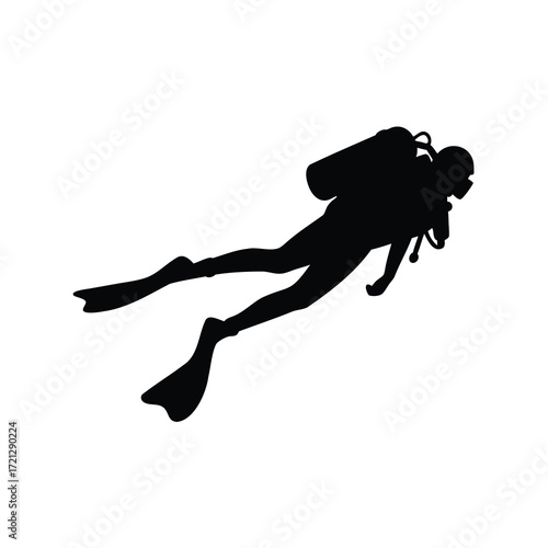 Silhouette of a scuba diver swimming underwater with complete gear and flippers