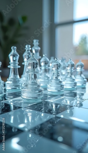 A group of glass chess pieces sitting on top of a glass chess board.