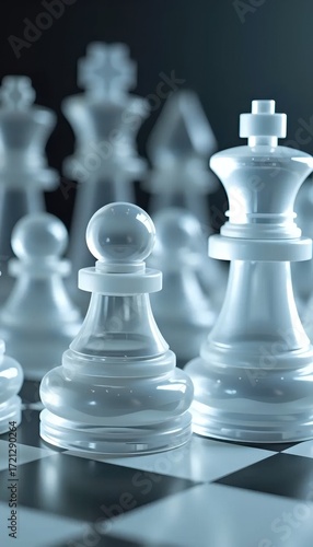 A group of glass chess pieces sitting on top of a chess board.