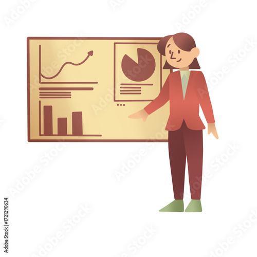 Businesswoman presenting chart on board. Vector illustration of office work, data analysis, corporate presentation, and professional growth