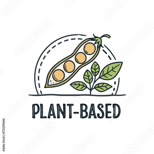 Plant-based concept with pea pod and leaves in hand-drawn style