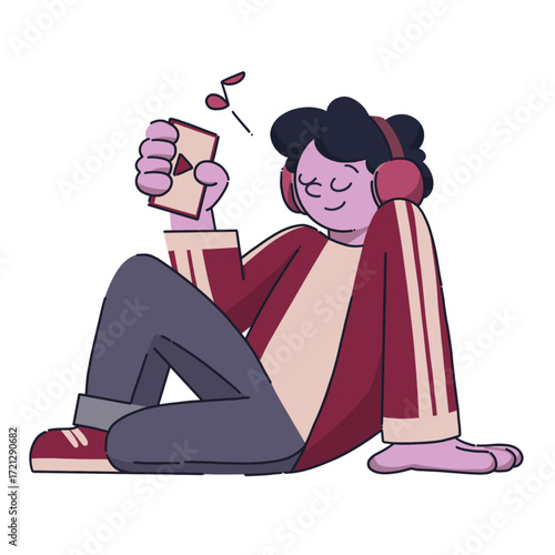 Cartoon man relaxing with headphones, listening to music on smartphone. Vector illustration of leisure, lifestyle, and entertainment concept