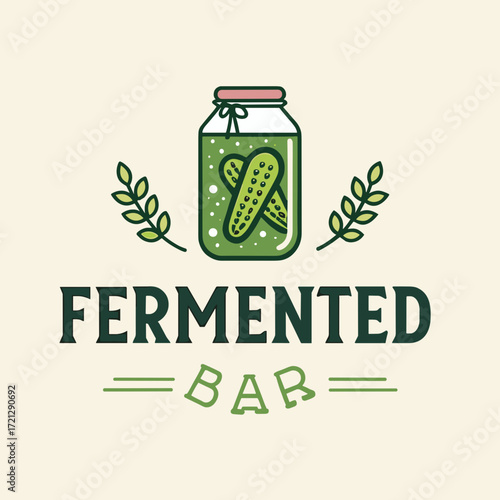 Fermented bar logo illustration with pickles in jar and leaves on beige background