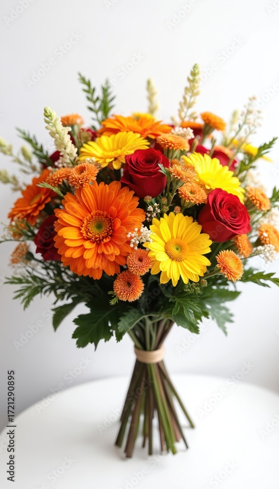 Obraz premium Vibrant floral bouquet features orange gerberas, yellow daisies, red roses with rich green foliage. Hand-tied with twine on white background, arrangement brings summer, spring vibes. Ideal for