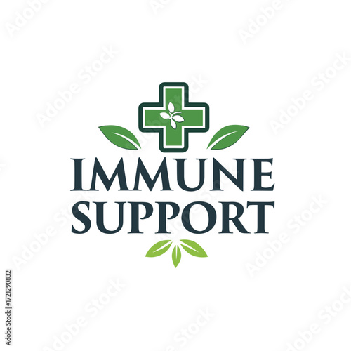 Logo design featuring "Immune Support" text with a health and nature concept in a clean style