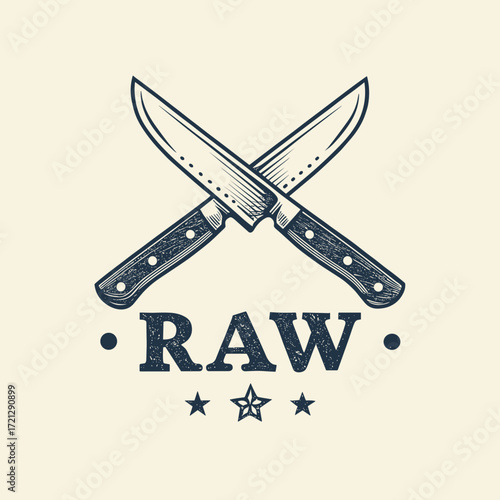 Crossed kitchen knives with raw lettering in vintage style
