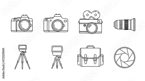 Collection of hand drawn photography icons including camera lens tripod bag and shutter silhouette