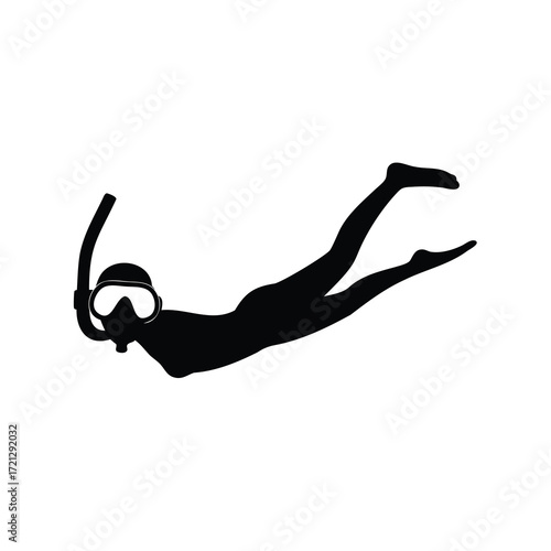 Black silhouette of a snorkeler swimming underwater with mask and fins on white