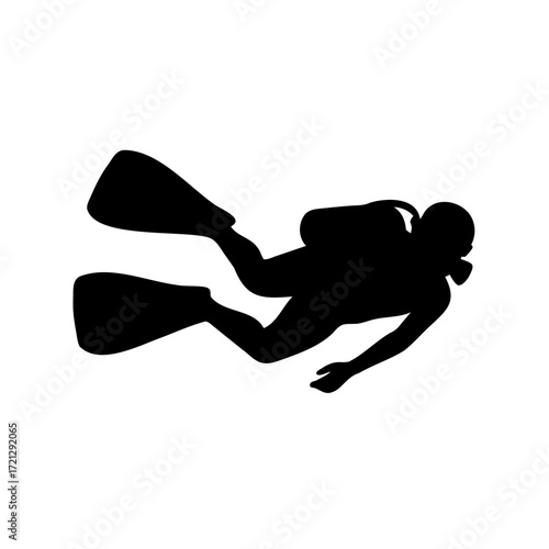 Silhouette of a scuba diver with full gear swimming underwater gracefully