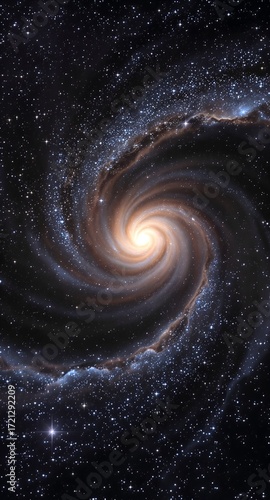 Breathtaking astrophotography of a spiral galaxy. Luminous stars form spiral arms around a glowing core. Symbolizes the universe, discovery, and cosmic order. A beautiful space background