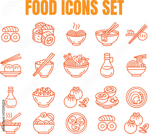 Asian food icons set sushi ramen