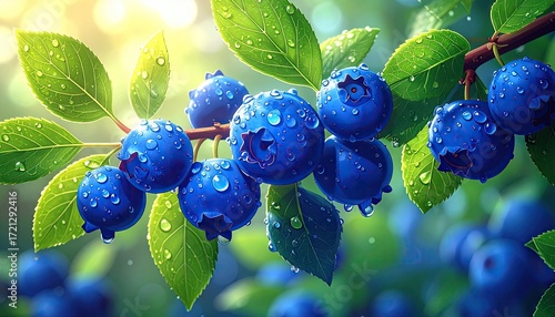 Juicy Blueberries on Branch with Dew Drops