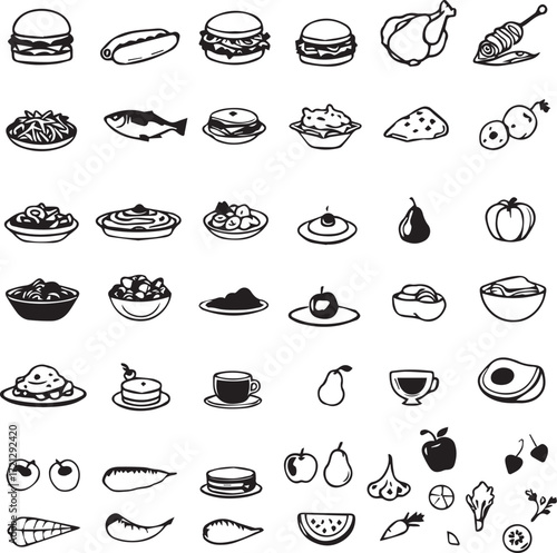 Black and white food icon vector set with fruits, meals, drinks, and condiments in detailed line art