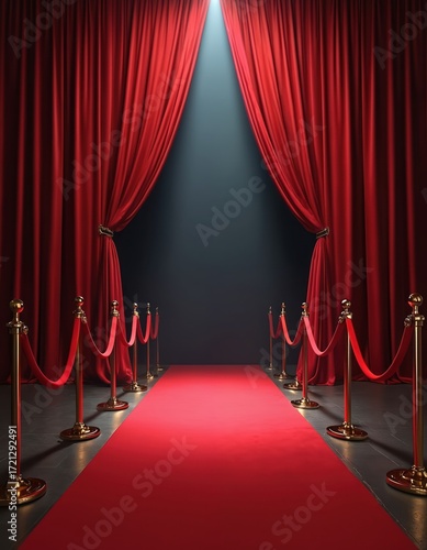 Hollywood red carpet event, stars arrive under spotlight with velvet curtains. Blockbuster film premiere backdrop, luxury cinema interior, theatre performance staging, oscar night.