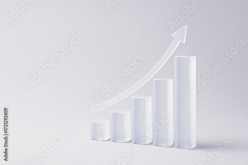 Minimalist 3D infographic of a glass bar chart showing a positive upward trend. Symbolizes business growth, success, financial report, and data analytics. Clean and modern corporate background