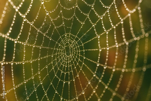 Close-up of a spider web covered in morning dew drops. A symbol of nature, connection, and intricate networks. Perfect for technology, biology. Natural autumn background