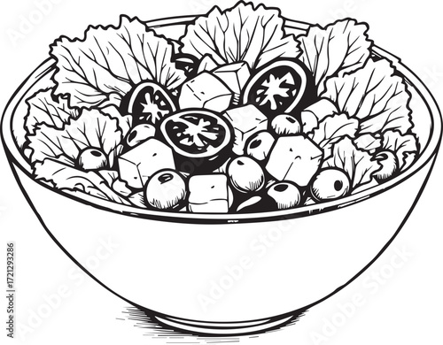 Black and white salad bowl vector with leafy greens, tomatoes, cheese cubes, and olives in healthy line art