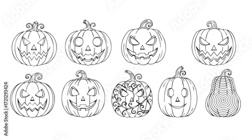 Set of eight hand drawn halloween pumpkin faces with sketchy outline artistic rendering silhouette