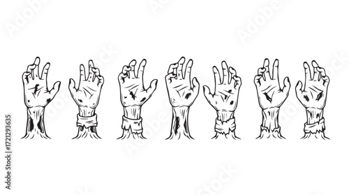 Spooky collection of seven decaying zombie hands reaching out for halloween horror fun silhouette